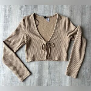 DIVIDED by H&M Tan Long Sleeve Ribbed V-Neck Front Tie Top Size XS